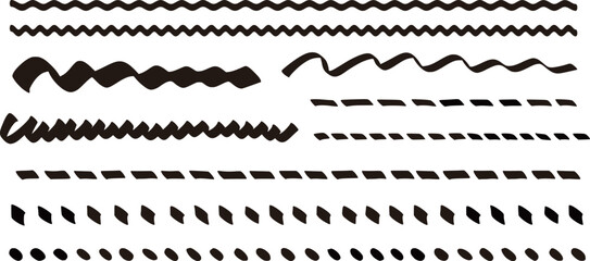 Handwriting set of various dashed and zig-zag lines, vector illustration isolated on a transparent background