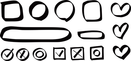 A set of hand-drawn speech bubbles and check marks. Vector Illustration isolated on a transparent background.