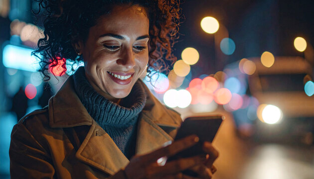 City Night's Digital Glimpse: A woman gazes at her phone amidst the mesmerizing glow of city lights, captivated by its allure, embodying the vibrant fusion of urban life and digital connectivity.