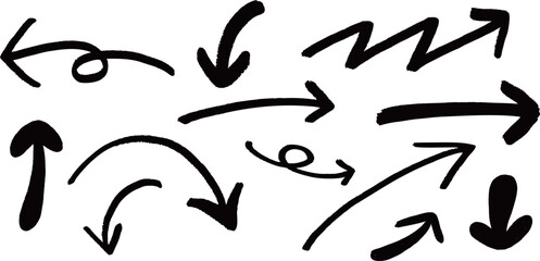 A set of handwriting curving arrows, vector illustration isolated on a transparent background.