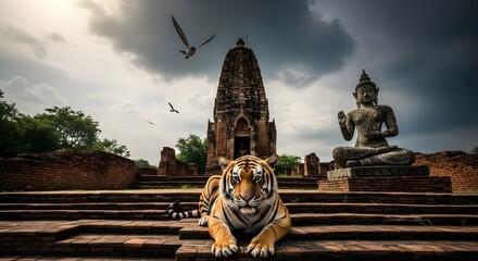 Bengal tiger resting at ancient stone temple, shallow depth of field - wildlife conservation stock photo, 4K desktop wallpaper
