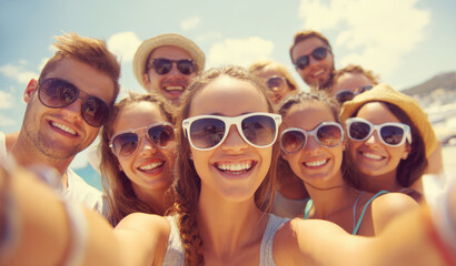 A vibrant and authentic moment of pure happiness, as a group of friends, all wearing stylish sunglasses, pack together for a cheerful selfie on a sunny beach, celebrating their summer vacation