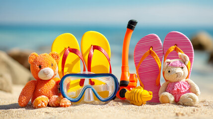 two charming toys bears, vibrant flip flops, a snorkel set, and playful beach toys, all set against backdrop of beach. Ideal for promoting family holidays, children's activities, seaside adventures