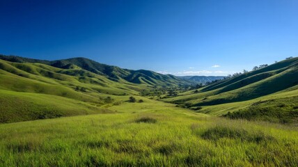 Naklejka premium Rolling hills with blue sky and mountains. Neural network AI generated