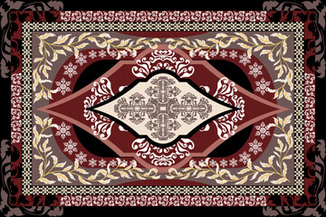A collection of elegant Persian-style carpet patterns featuring intricate floral motifs, baroque elements, and symmetrical layout. Each design incorporates rich color palettes&mdash;maroon, purple