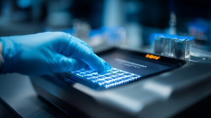 a hand in a glove is operating a digital interface with lit up buttons