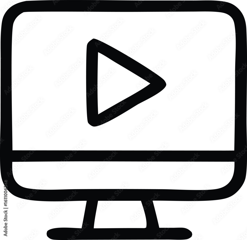 Poster simple hand drawn sketch of a computer monitor displaying a play button icon for digital media conte