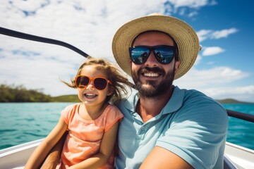 Father and daughter smiling and enjoying a boat trip on a tropical vacation