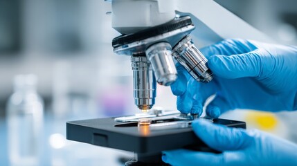 a scientist in a laboratory environment, working at a microscope to examine samples
