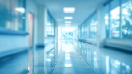 an interior view of a well lit hospital corridor with shiny blue floor tiles reflecting the overhead lights. the corridor is long and appears to be mostly empty with no visible patients or staff