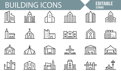 Fototapeta premium Icon Set for Various Building Types Including Homes, Offices, and Temples