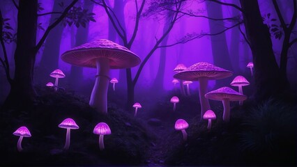 Enchanting magical forest with glowing purple mushrooms and tall trees at night