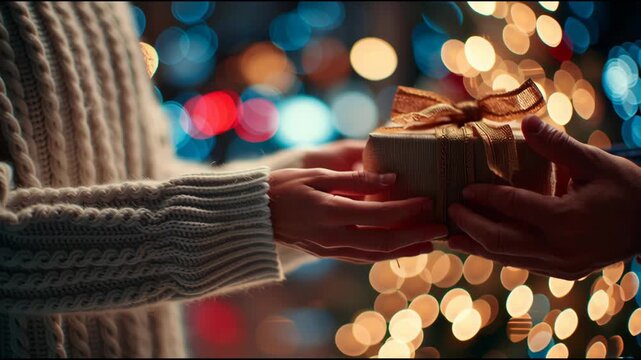 Gift Exchange: A person's hands tenderly offer a beautifully wrapped gift, conveying the warmth and generosity associated with seasonal celebration, captured against a backdrop of soft bokeh lights.