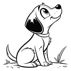 Adorable cartoon puppy in vector line art style, sitting on the ground, looking up with big expressive eyes, floppy ears, wearing a collar with a tag, simple, clean black outlines, child-friendly desi