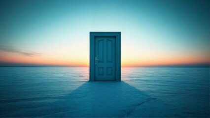 A solitary closed door stands in the middle of a vast calm ocean at sunset with a colorful sky