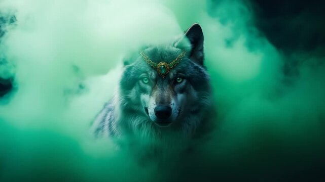 Wolf With Jeweled Headdress in Green Smoke