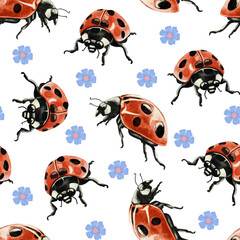 Seamless pattern with ladybugs and small blue flowers, painted in whimsical watercolor style, ideal for kids' products, textiles, and cheerful spring designs.