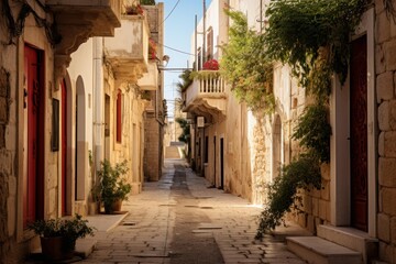 Fototapeta premium Quaint stone alleyway adorned with lush greenery and colorful doors