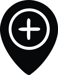 A black and white minimalist icon representing a location marker with a plus symbol inside a circle symbolizing adding a new place or point of interest