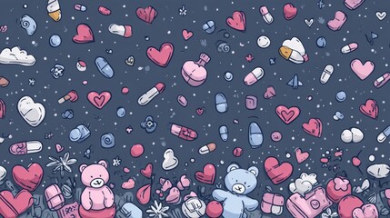 an artistic arrangement of elements, primarily in shades of blue, pink, and white, depicting a festive and playful theme