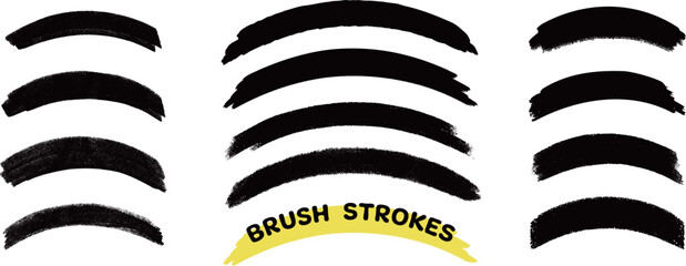 Set of hand-drawn curving brushstrokes, vector illustration isolated on a transparent background.
