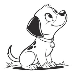 Adorable cartoon puppy in vector line art style, sitting on the ground, looking up with big expressive eyes, floppy ears, wearing a collar with a tag, simple, clean black outlines, child-friendly