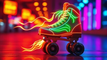 Retro roller skate with vibrant neon lights and fiery trails on a blurred city street at night