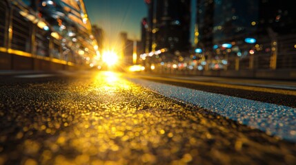 a vibrant cityscape at sunset, with the road's headlights creating streaks of light in front of the camera