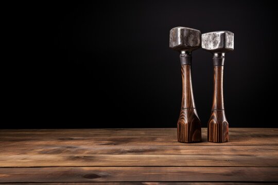 Two vintage hammers with wooden handles standing on a wooden table against a dark background, creating a rustic and powerful scene