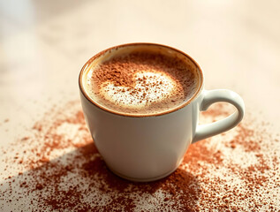 Obraz premium Cappuccino with Heart Shape Cocoa Powder on Bright Table