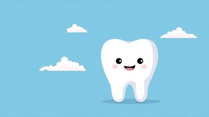 an animated tooth with eyes, standing alone in the foreground against a blue sky background with some clouds