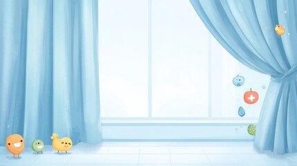 a cozy room with a bright blue curtain over the window. the wall is adorned with decorations that add to the warm ambiance of the space