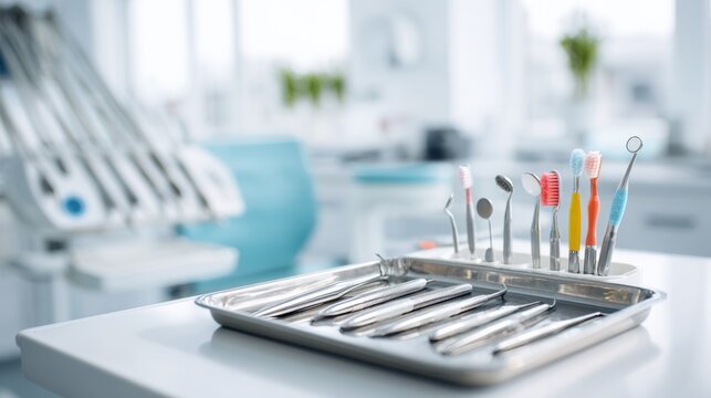 a well organized dental office setting. there are multiple dental chairs equipped with tools for examinations and procedures
