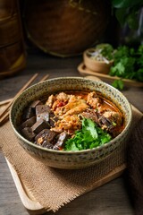 Rice Vermicelli with Northern Thai Curry Sauce, Thai called Khanom Jeen Nam Ngiao, Northern thai cusine