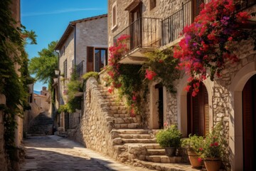 Naklejka premium Picturesque stone street adorned with vibrant flowers and rustic charm