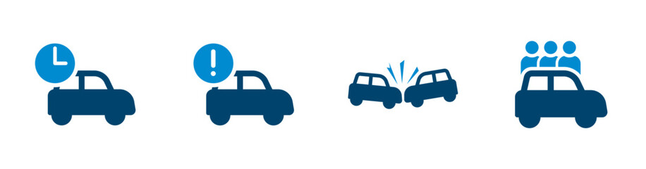 Car icons for travel time, delay, traffic accident, people. Solid vector icon.