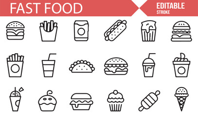 Fast Food Icons for Takeaway Meals, Snacks, and Drinks