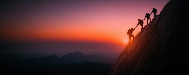 Mountain climbers support each other as they work together to reach their shared goal at the summit