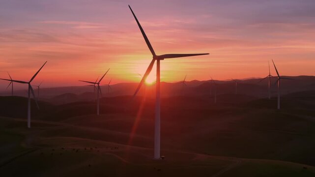 Wind turbines stand tall on rolling hills in Altamont Pass, Livermore, California, USA, at sunset. They generate clean, renewable energy, contributing to a sustainable future.