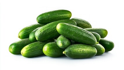 Fresh cucumbers piled on white background. Neural network AI generated