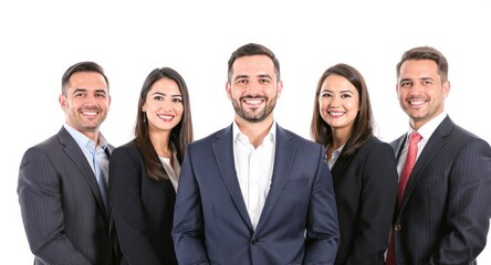 Team of five, diverse, formally dressed, smiling, against a white background