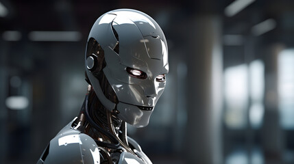 Fototapeta premium Humanoid AI assistant with a sleek silver shell and intricate internal wiring, its eyes glowing with embedded circuitry
