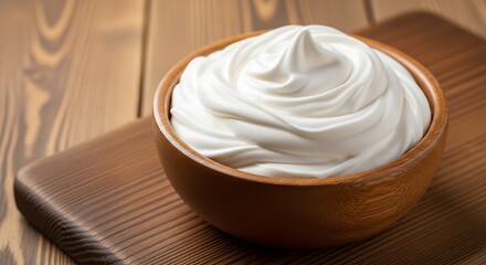 Creamy white swirl in wooden bowl dairy texture