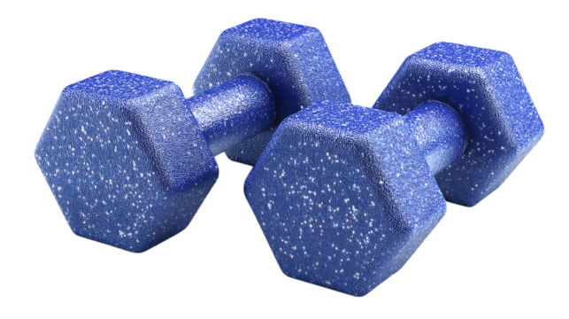 Pair of blue coated dumbbell weights with hexagonal ends for fitness training isolated on white or transparent png