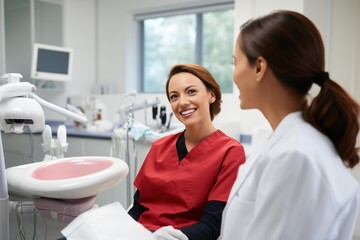 Dentist and her patient smiling and having a conversation in a dental office