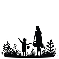 Mother and child watering plants silhouette watering can bucket