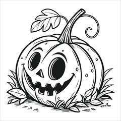 A carved Halloween pumpkin with a spooky face, sitting in grass with leaves, black and white line art, minimalist, simple, bold outlines, stylized, digital art

