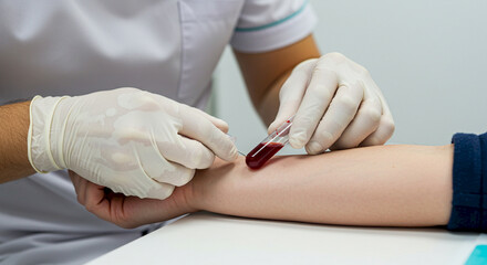 Medical professional drawing blood from patient’s arm in clinic  