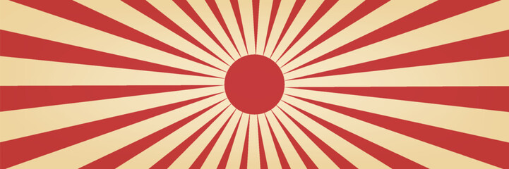 Red sunburst lines on yellow Background. Light sun rays pattern. Vintage stripes halftone radial wallpaper for poster, banner, advertising backdrop, comic or circus scene.