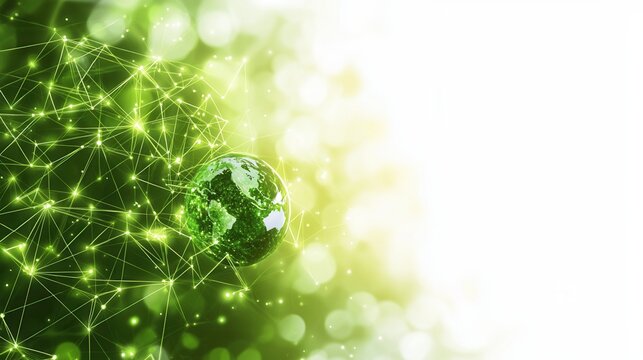 nature conservation concept. Abstract green network with a sparkling sphere on a bright background.